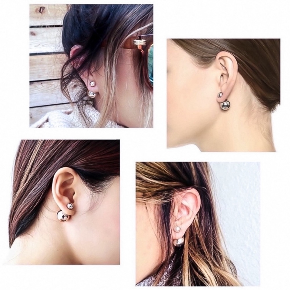 Metallic Silver Double Stud Earrings - Picture 5 of 7